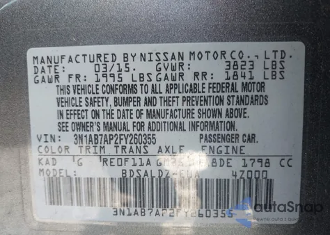 2015 Nissan Sentra Fe+ S/S/Sl/Sr/Sv z USA, uszkodzony, nr VIN 3N1AB7AP2FY260355